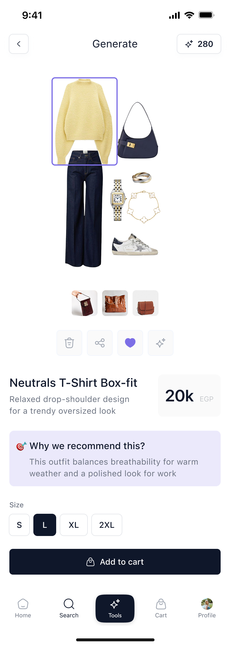 The generated outfit with a reason, size picker and add to cart